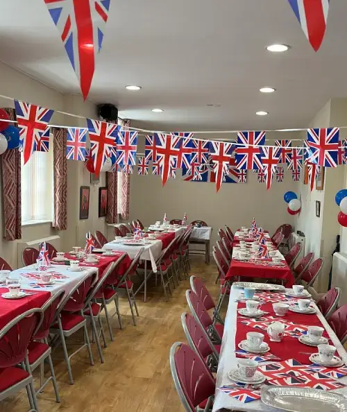 Silk Willoughby Village Hall Interior Decorated for Queen's Platinum Jubilee