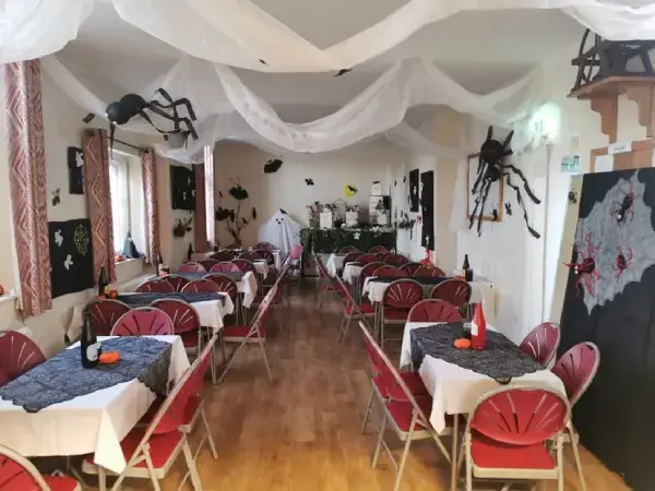 Halloween decorations in the village hall